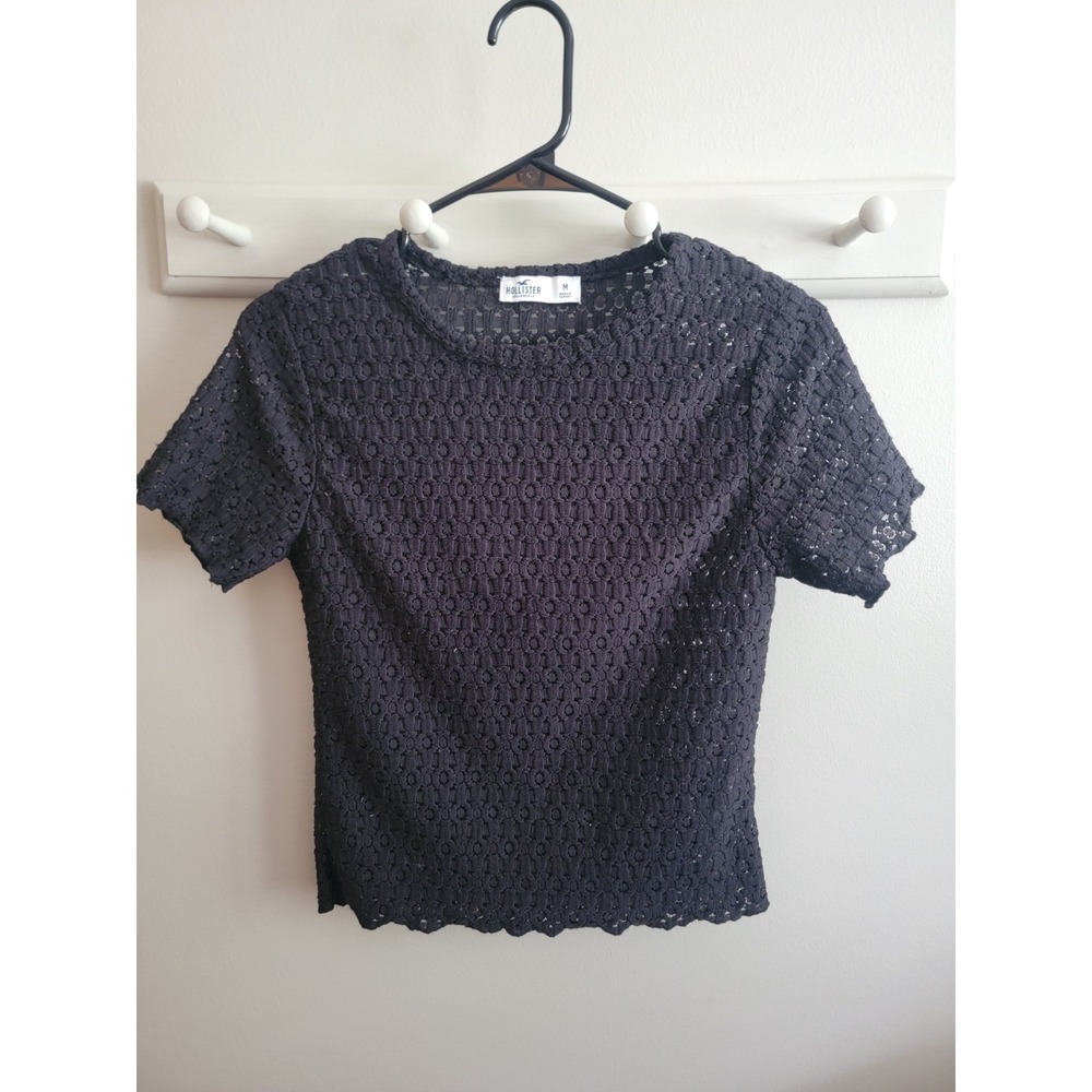 Hollister Womens' Medium Black See Through S/S Top Crew Neck Festival Rave Grung